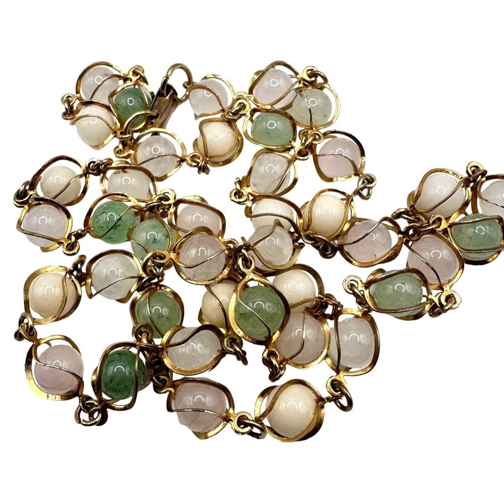 Vintage Long Quartz Necklace Caged Gemstone Semi-Precious Pastel Pink Green